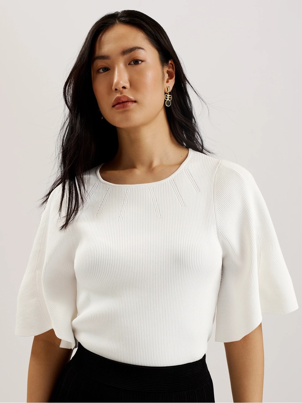 TED BAKER White Ribbed Short Sleeve Knit Top